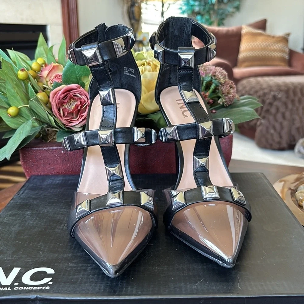 Brand New INC Syndia Pyramid Studded Black Stiletto Heels Clear Pointed Toe Cage